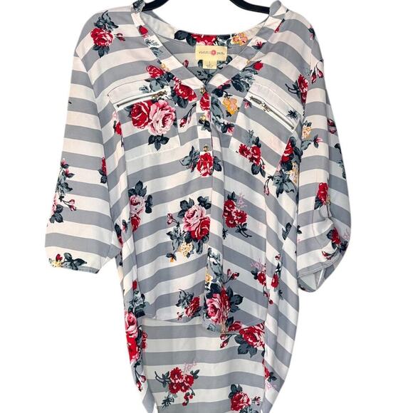 Wishful Park Gray/White Striped Floral Blouse Cottage Core Zipper Details - Picture 1 of 7